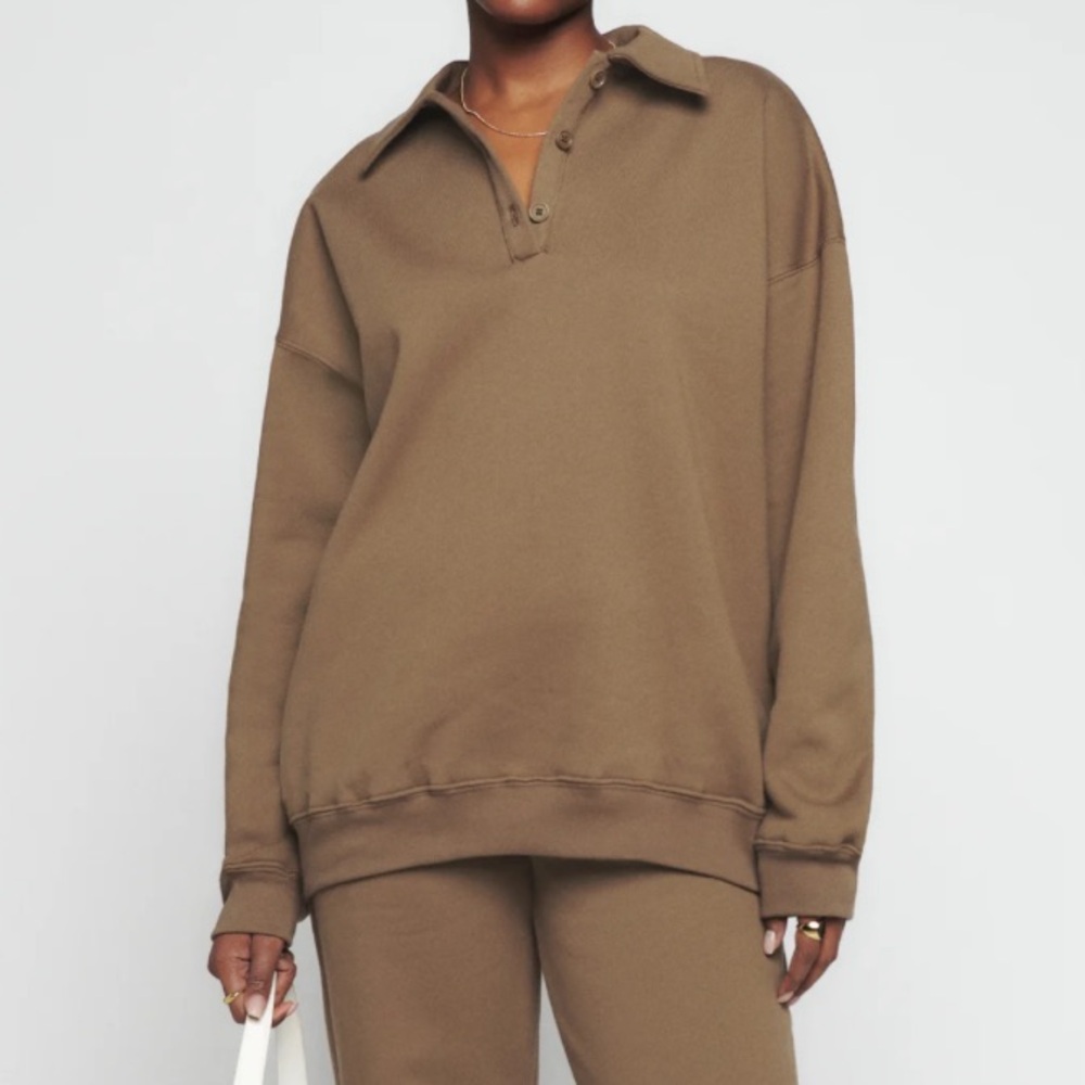 REFORMATION Vintage Oversized Polo Sweatshirt in Latte Size S - Picture 2 of 10